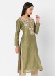 Mehndi And Beige Embroidery Pant Style Kurti Set